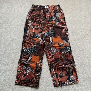 Cynthia Rowley Pants Womens Medium Brown Orange Linen Leaf Print Wide Leg Boho